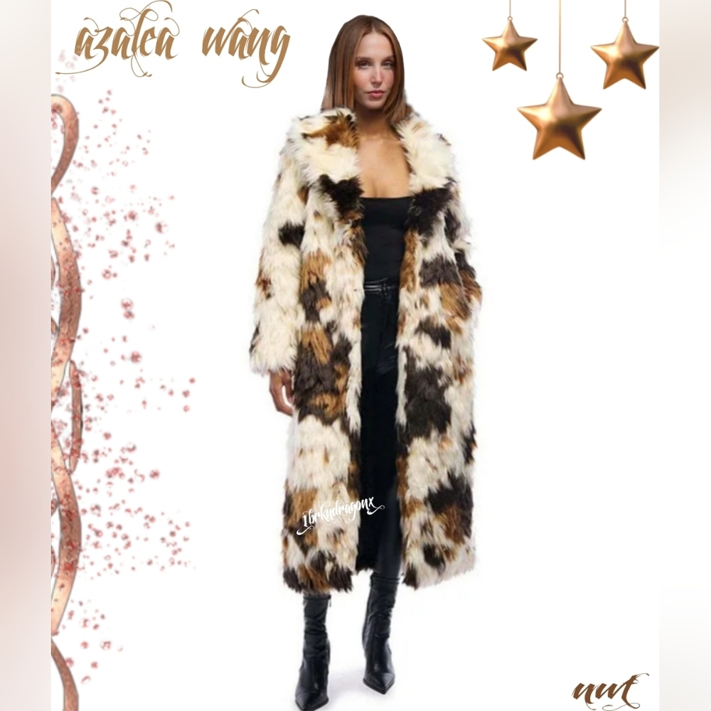 Azalea Wang Long Coat Animal Print Fur Luxurious Soft White Camel Copper Fur